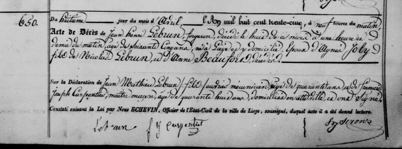 Document de décès de Jean Henri LEBRUN