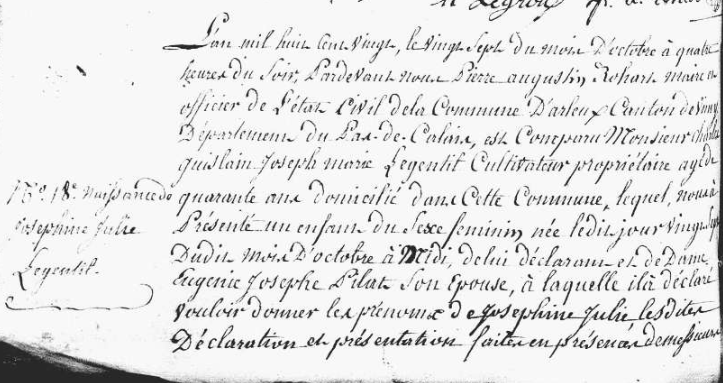 Acte de naissance de Joséphine Julie LE GENTIL (DR)