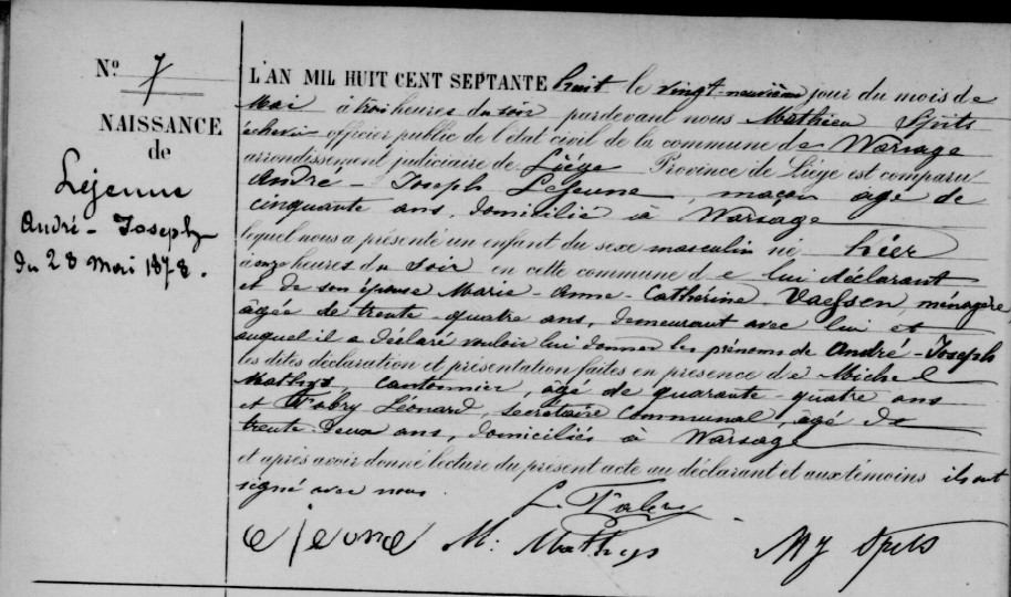 Acte de naissance de André Joseph LEJEUNE