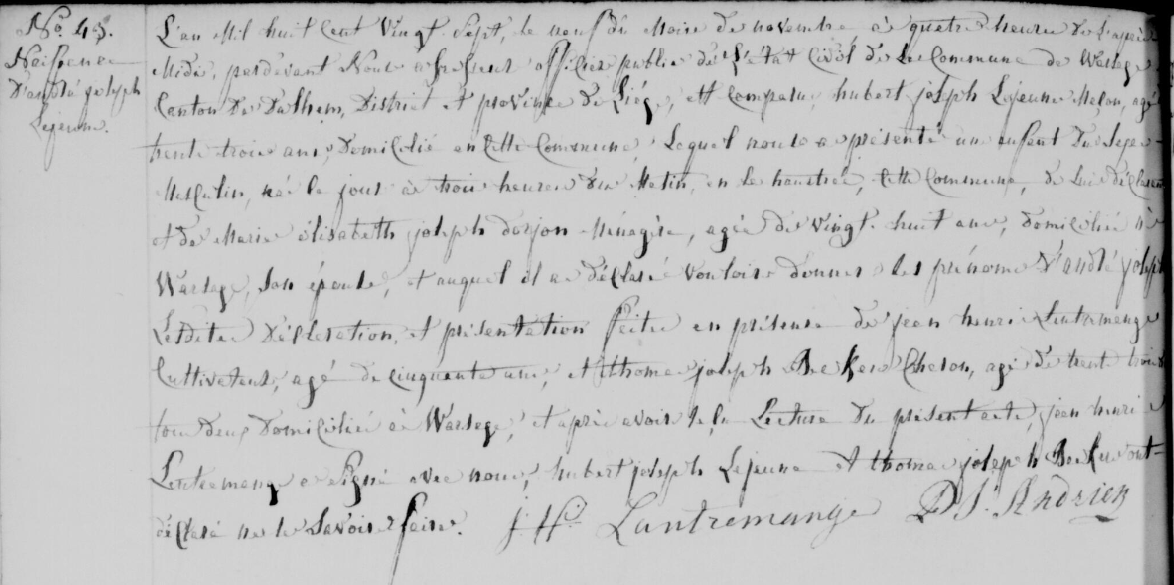 Acte de naissance de André Joseph LEJEUNE 