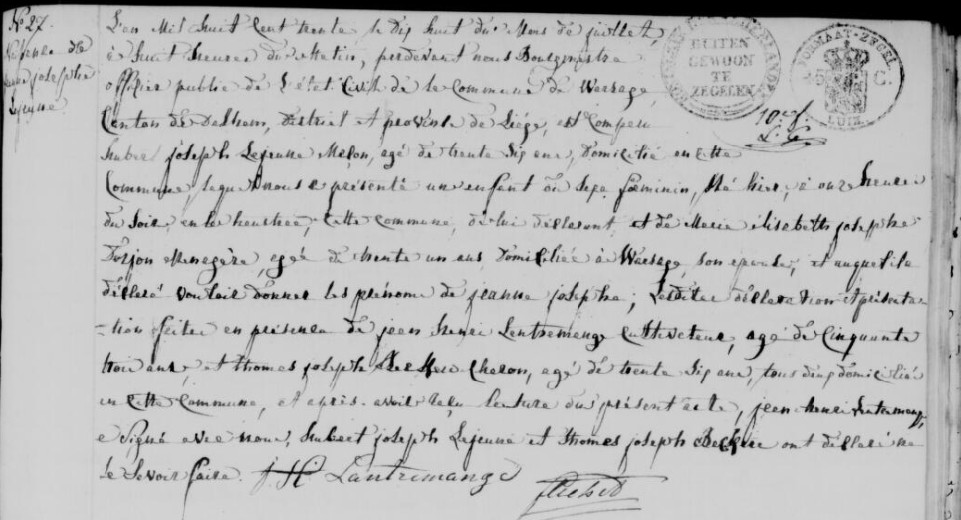 Acte de naissance de Jeanne Joseph LEJEUNE