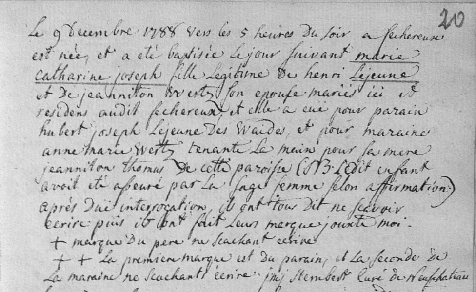 Acte de naissance de Marie Catherine Joseph LEJEUNE