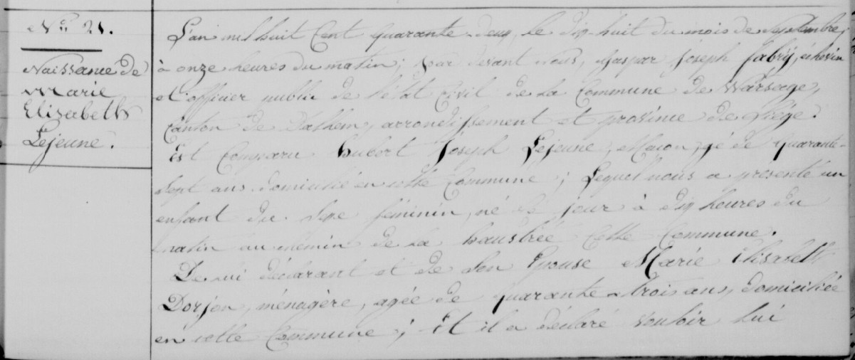 Acte de naissance de Marie Elisabeth LEJEUNE