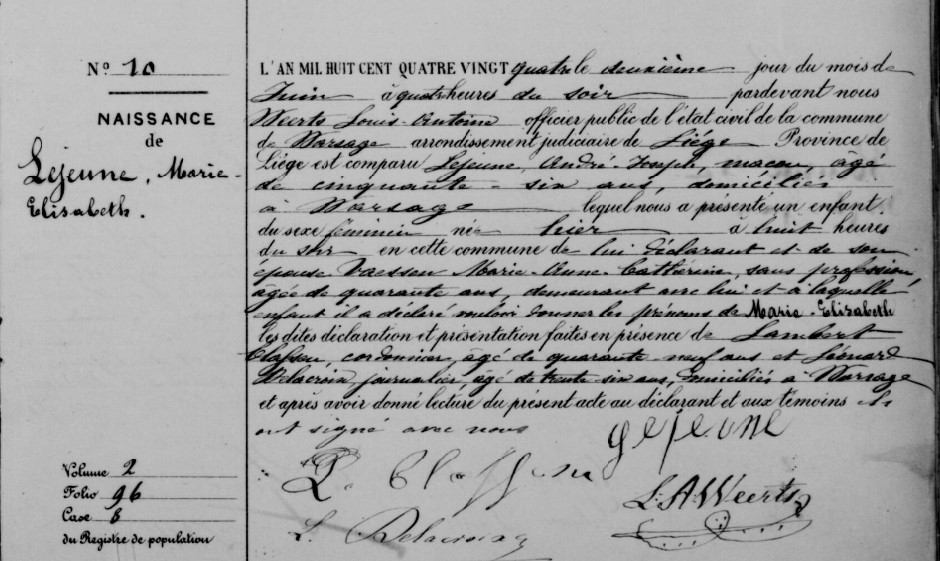 Acte de naissance de Marie Elisabeth LEJEUNE 