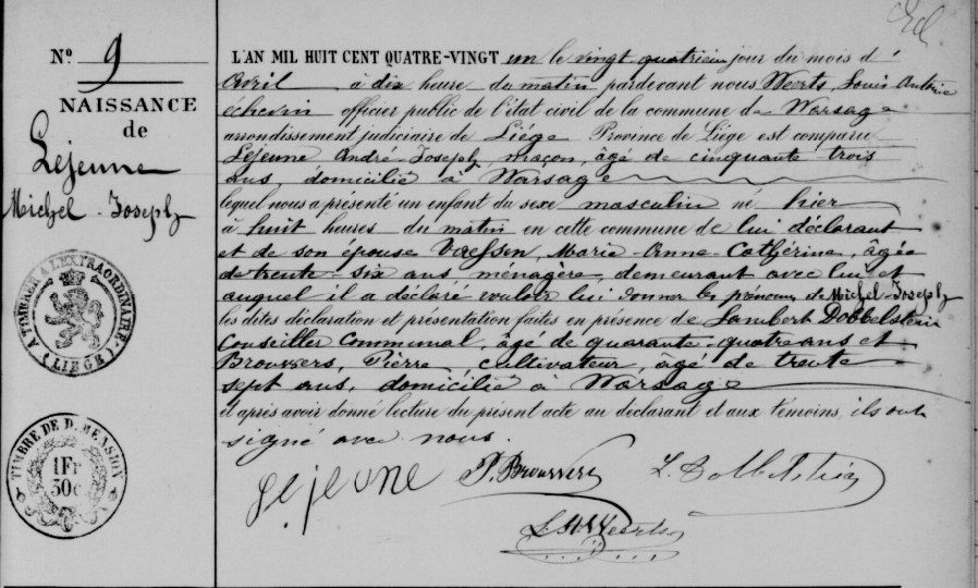 Acte de naissance de Michel Joseph LEJEUNE 