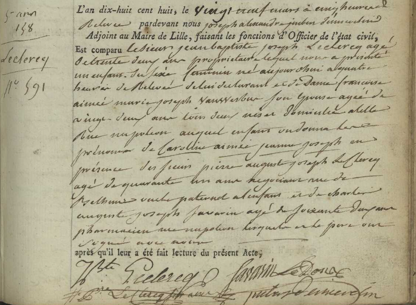 Acte de naissance de Caroline Aimée Jeanne Joseph LECLERCQ