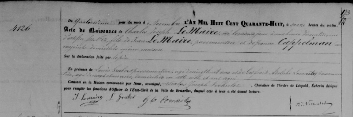 Acte de naissance de Charles Joseph LEMAIRE