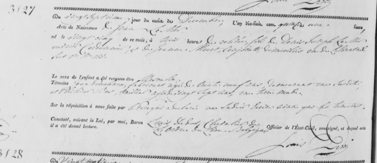 Acte de naissance de Jean LEMAIRE (Le Maire)