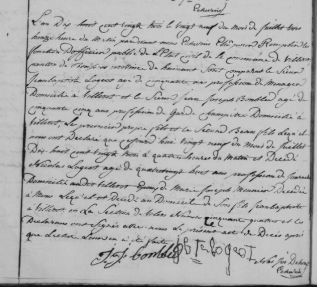 Document de décès de Nicolas Joseph LOGEOT