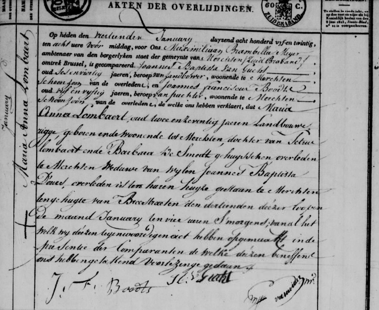 Document de décès de Maria Anna LOMBAERT