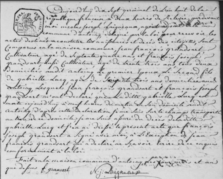 Document de décès de Marie Gabrielle LUCQ