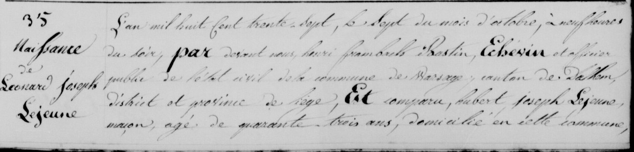 Acte de naissance de Leonard Joseph LEJEUNE