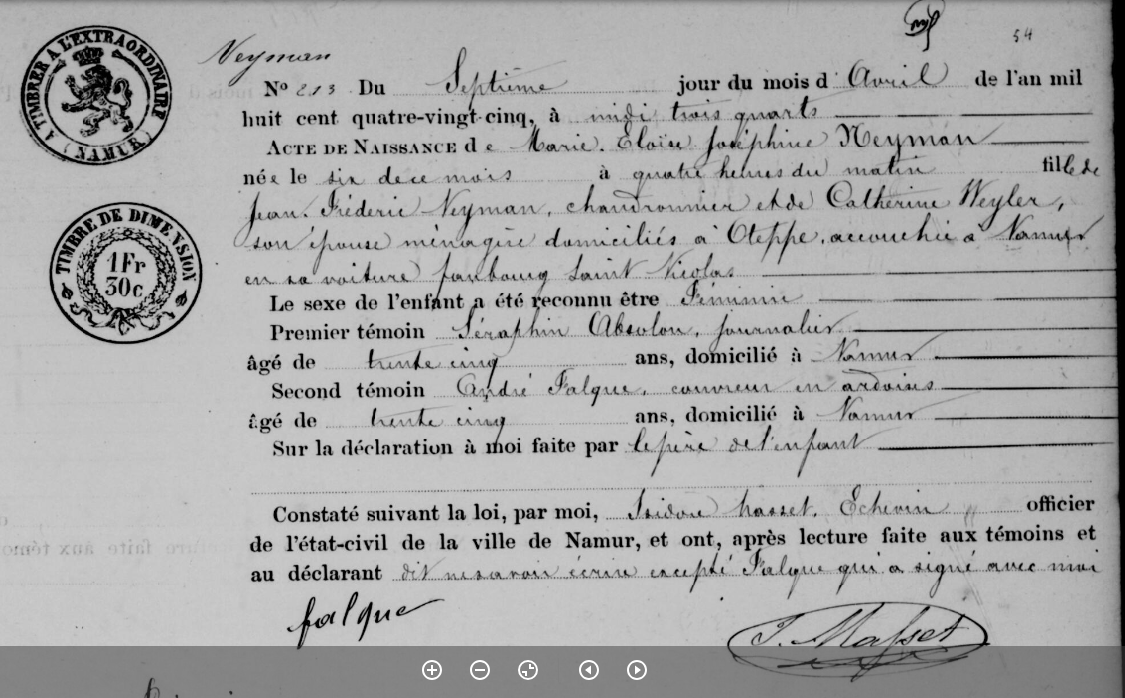 Acte de naissance de Marie Eloïse Joséphine NEYMAN