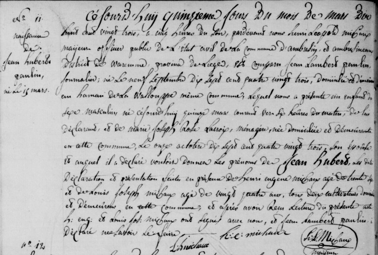 Acte de naissance de Jean Hubert PAULIN