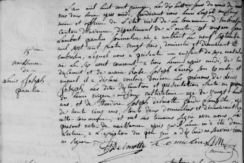Acte de naissance de Louis Joseph PAULIN