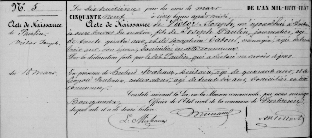 Acte de naissance de Victor Joseph Paulin