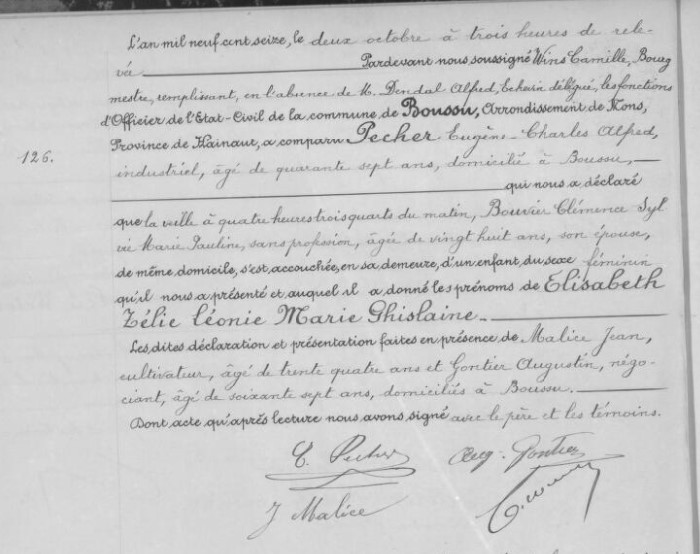 Acte de naissance de Elisabeth Zélie Léonie Marie Ghislaine PECHER