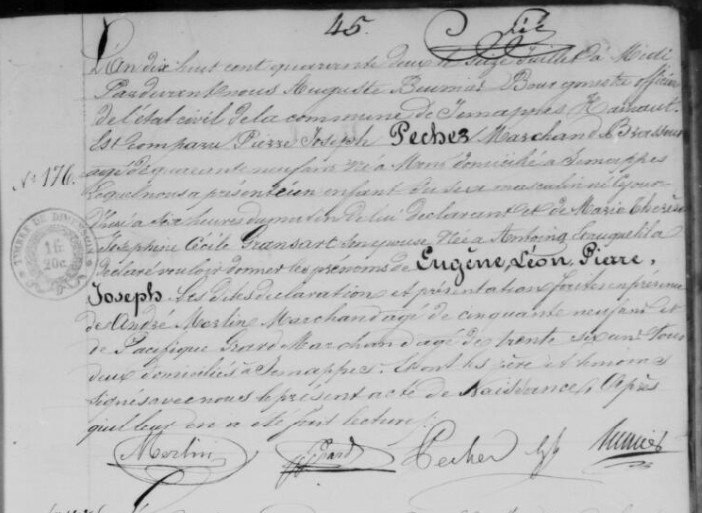 Acte de naissance de Eugène Léon Pierre Joseph Pecher