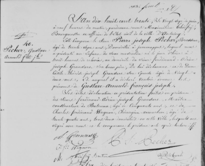 Acte de naissance de Gustave Arnould François Joseph Pecher