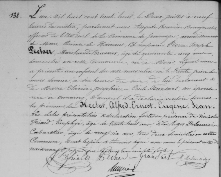 Acte de naissance de Hector Alfred Ernest Eugène Jean Pecher