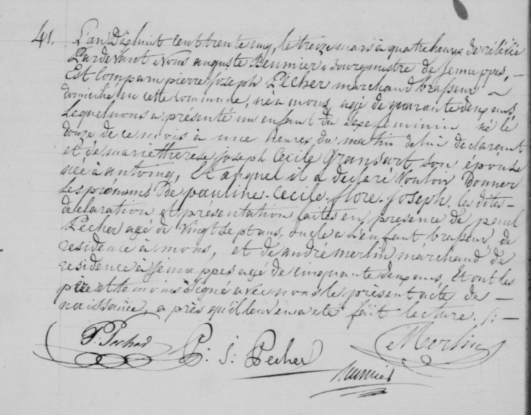 Acte de naissance de Pauline Cécile Flore Joseph Pecher