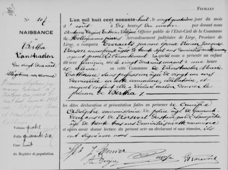 Acte de naissance de Bertha Petry (née Vantraelen)