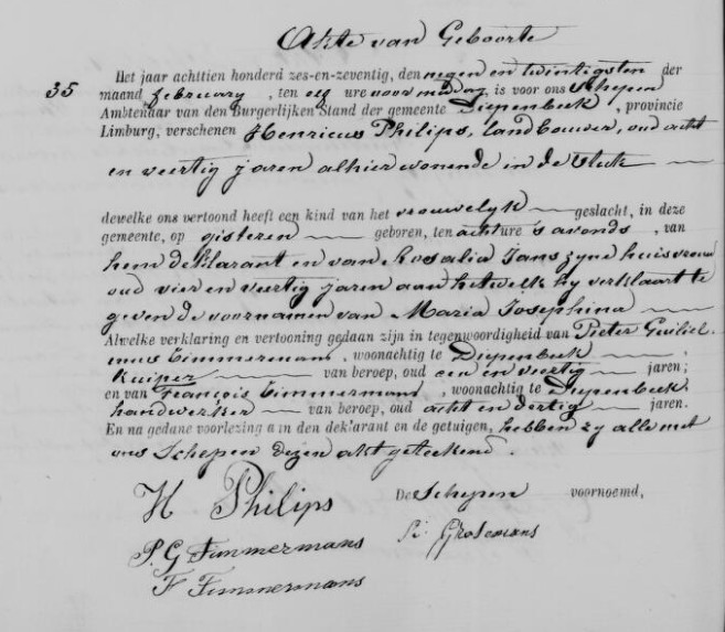 Acte de naissance de Maria Joséphina PHILIPS