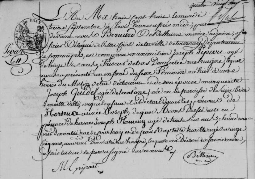 Acte de naissance de Hortense Aimée PIPART