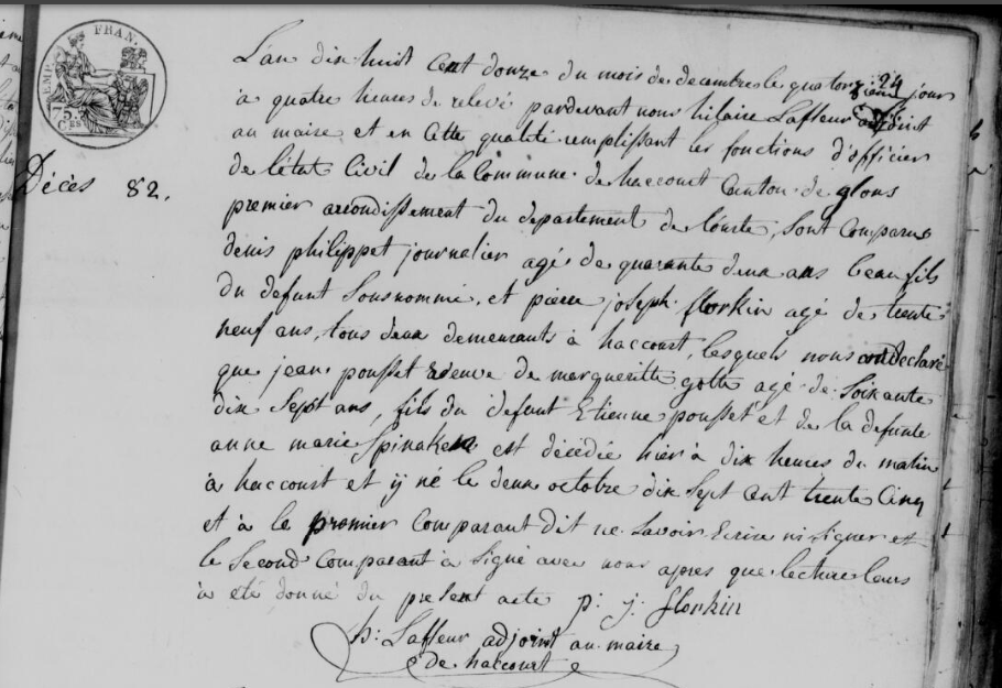 Document de décès de Joannes POUSSET