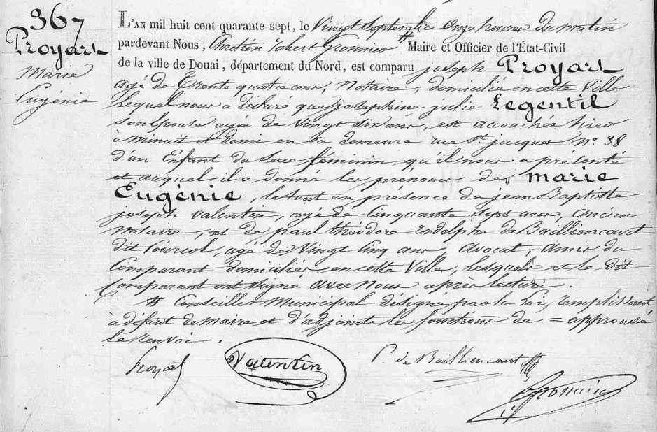 Acte de naissance de Marie Eugenie PROYART (DR)
