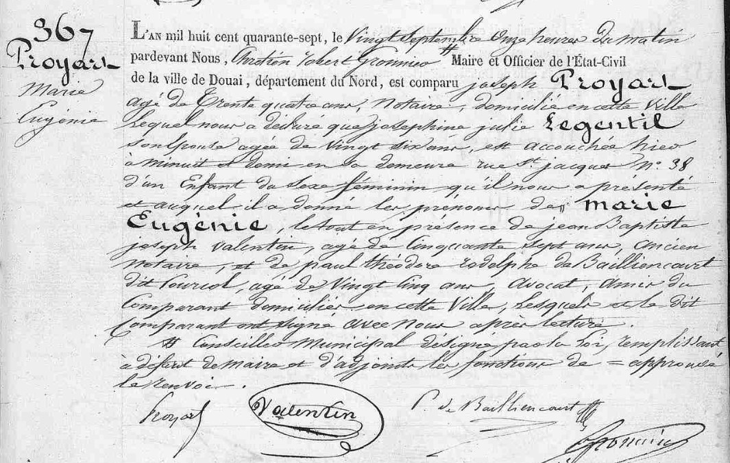 Acte de naissance de Marie Eugénie PROYART