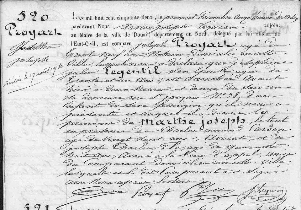 Acte de naissance de Marthe Joseph PROYART