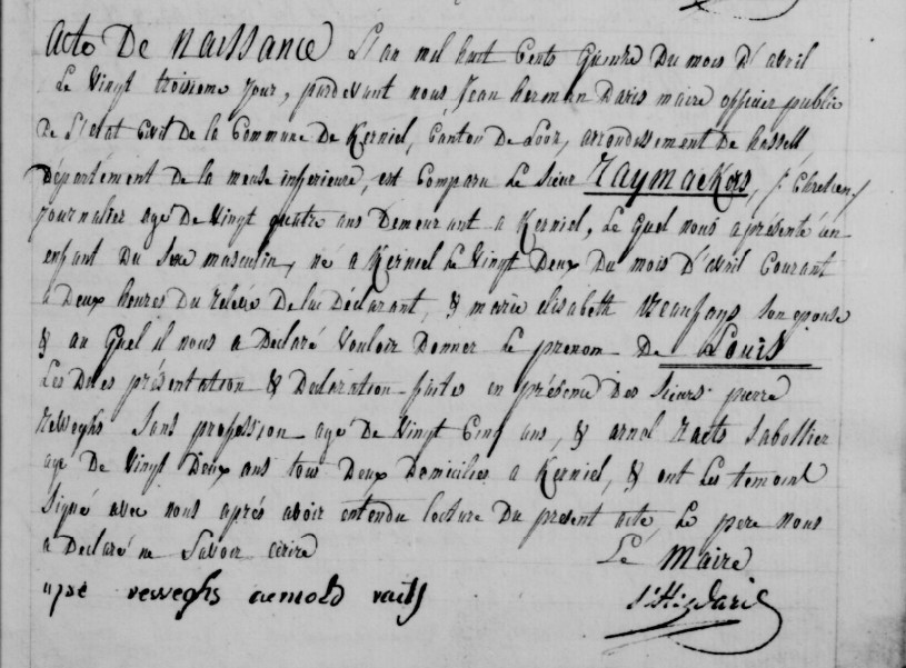 Acte de naissance de Louis RAMACKERS