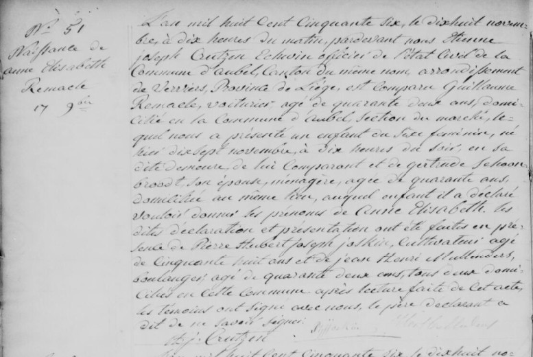 Acte de naissance de Anne Elisabeth REMACLE