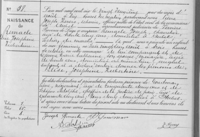 Acte de naissance de Elise Joséphine Hubertine REMACLE