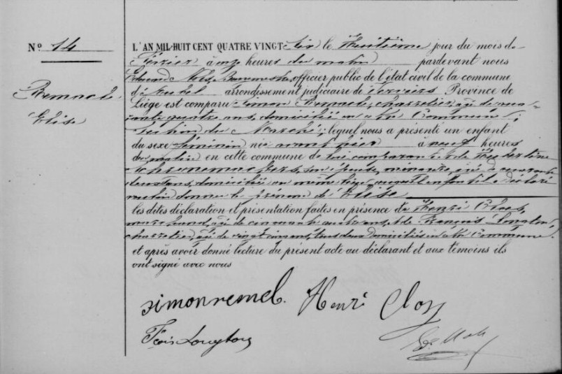 Acte de naissance de Elise REMACLE