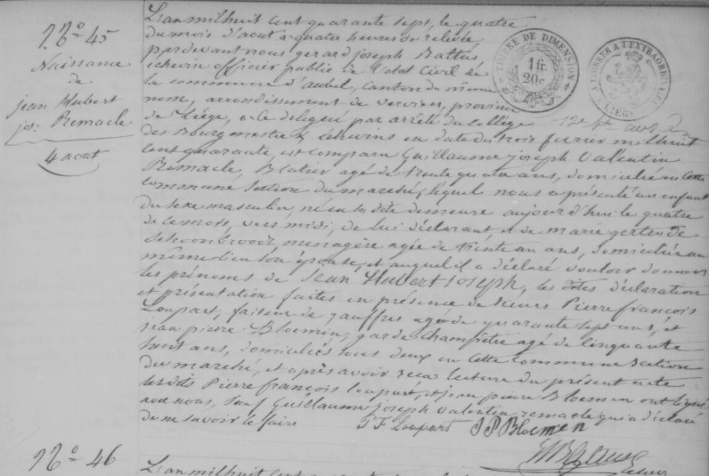 Acte de naissance de Jean Hubert Joseph REMACLE