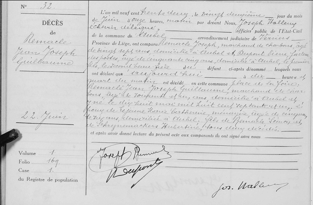 Document de décès de Jean Joseph Guillaume REMACLE
