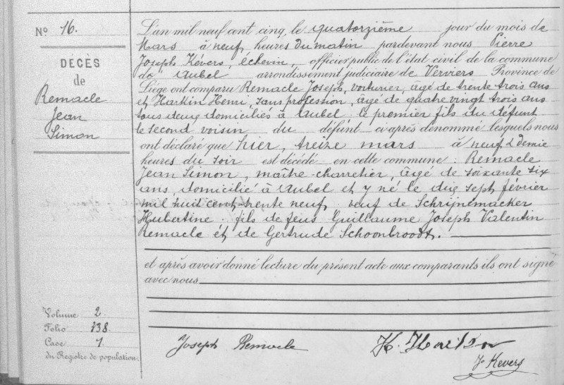 Document de décès de Simon REMACLE