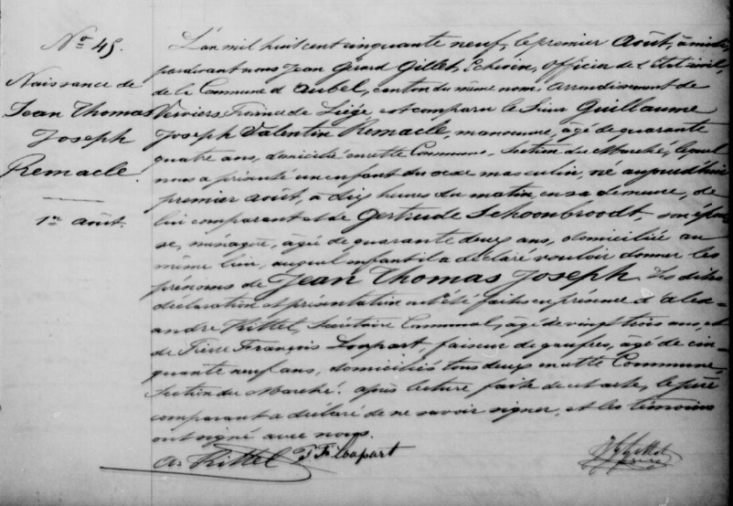 Acte de naissance de Jean Thomas Joseph REMACLE