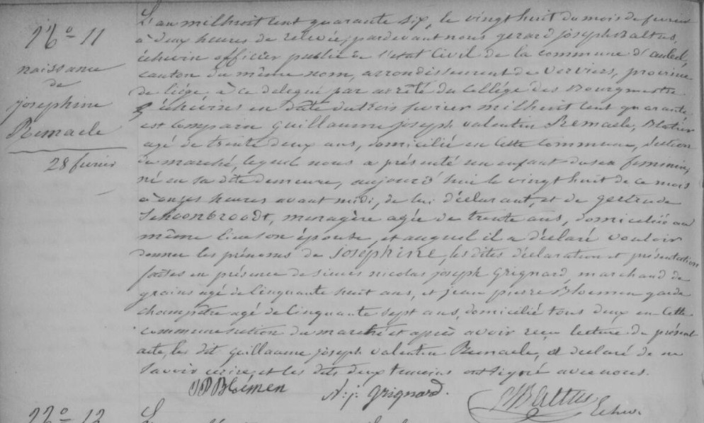 Acte de naissance de Joséphine REMACLE