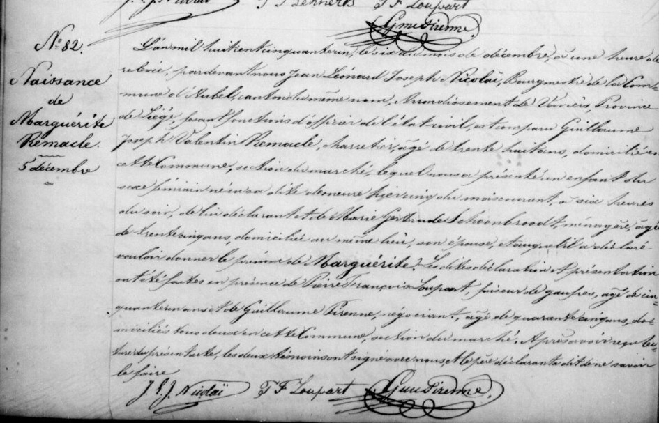 Acte de naissance de Marguerite REMACLE