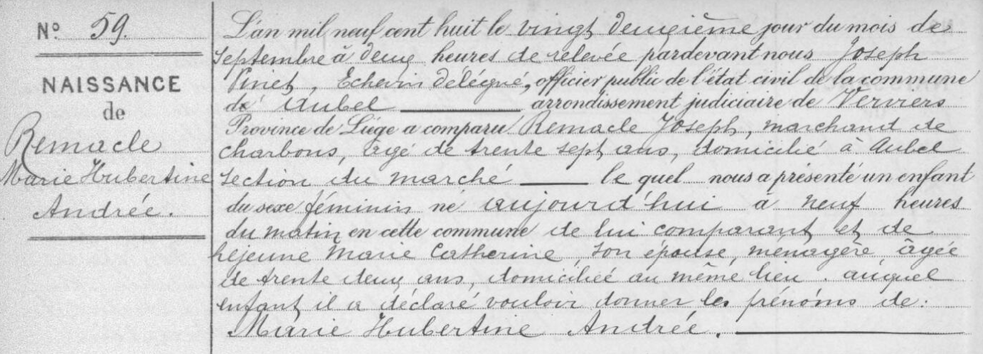 Acte de naissance de Marie, Hubertine, Andrée REMACLE