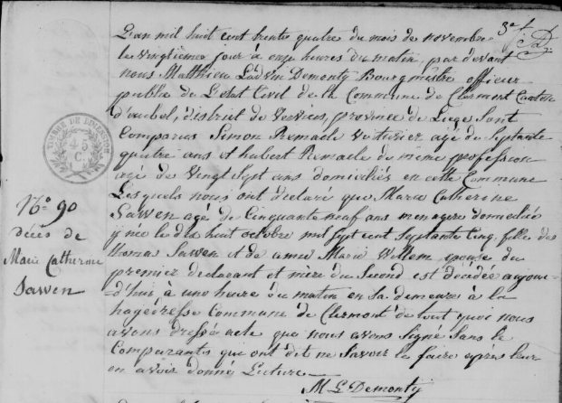 Document de décès de Marie Catherine SAUWEN
