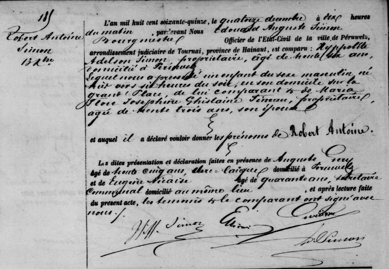 Acte de naissance de Robert Antoine SIMON