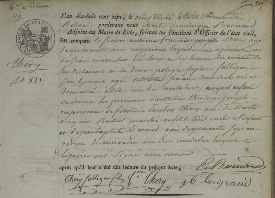 Acte de naissance de Antoine Théodore Joseph THERY