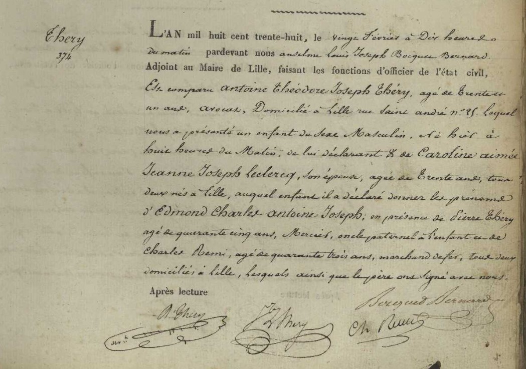 Acte de naissance de Edmond Charles Antoine Joseph THERY