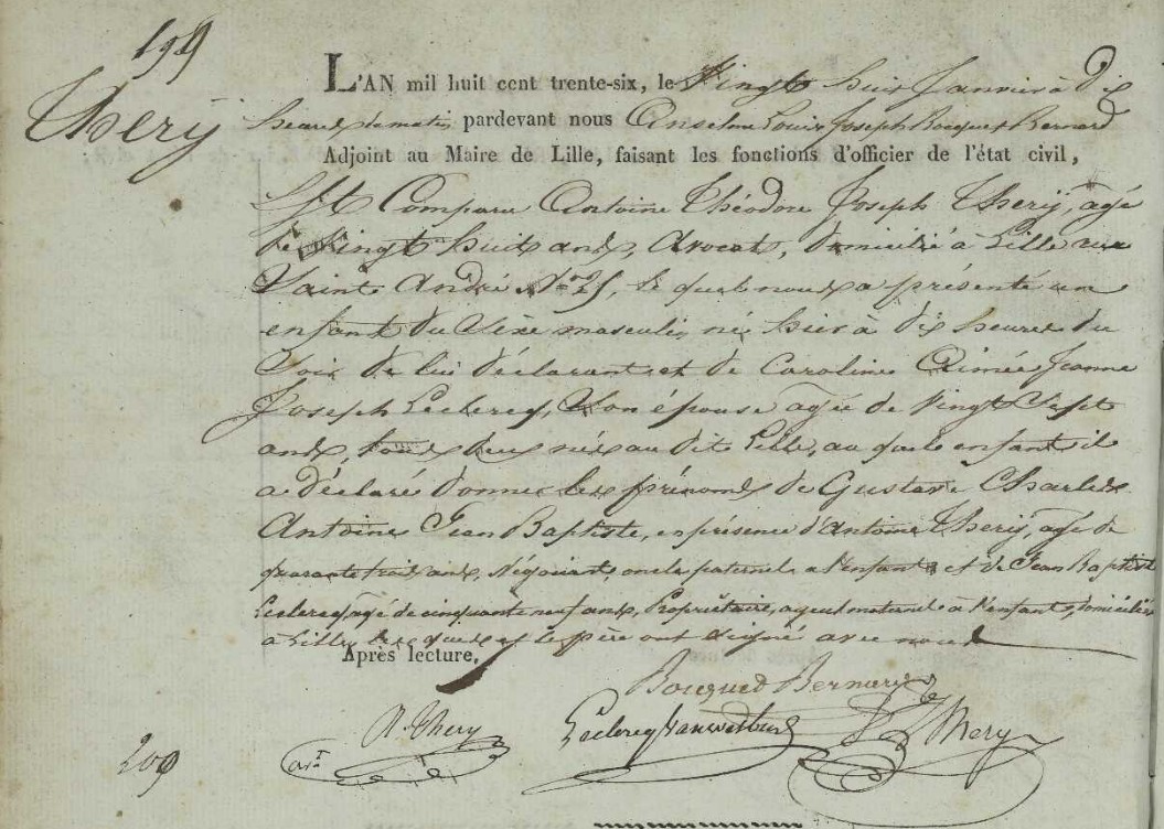 Acte de naissance de Gustave Charles Antoine Jean-Baptiste THERY