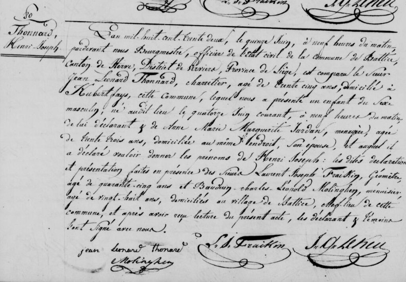 Acte de naissance de Henri Joseph THONARD