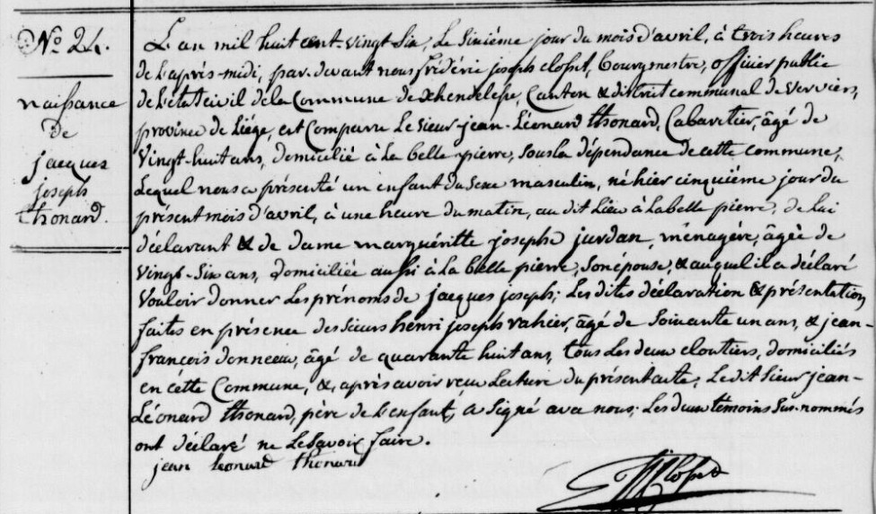 Acte de naissance de Jean Jacques THONARD